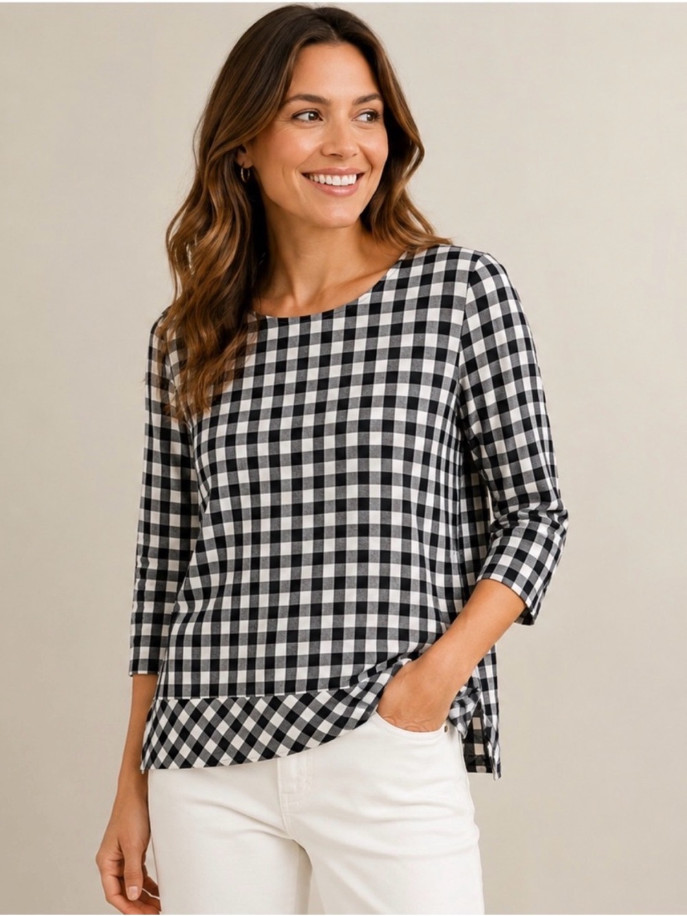 J. Jill Black and White Gingham 3/4 Sleeve Top women’s Size XS extra small check